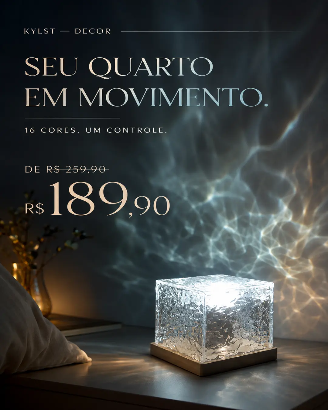 Luminária Ondas d’Água iluminando quarto com reflexos dourados